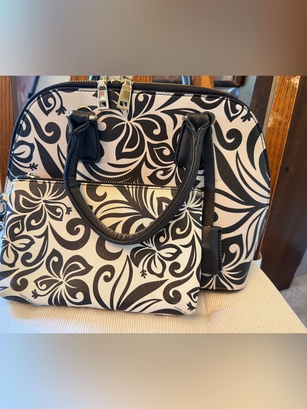Black & White Floral Satchel with Top Handles